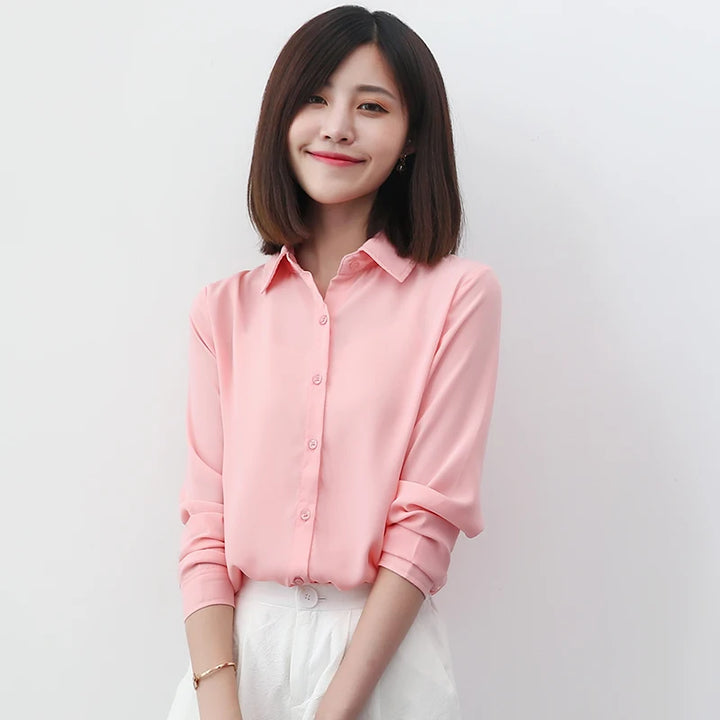 بلوزة شيفون بسيطة للنساء – بلوزة رسمية بأكمام طويلة