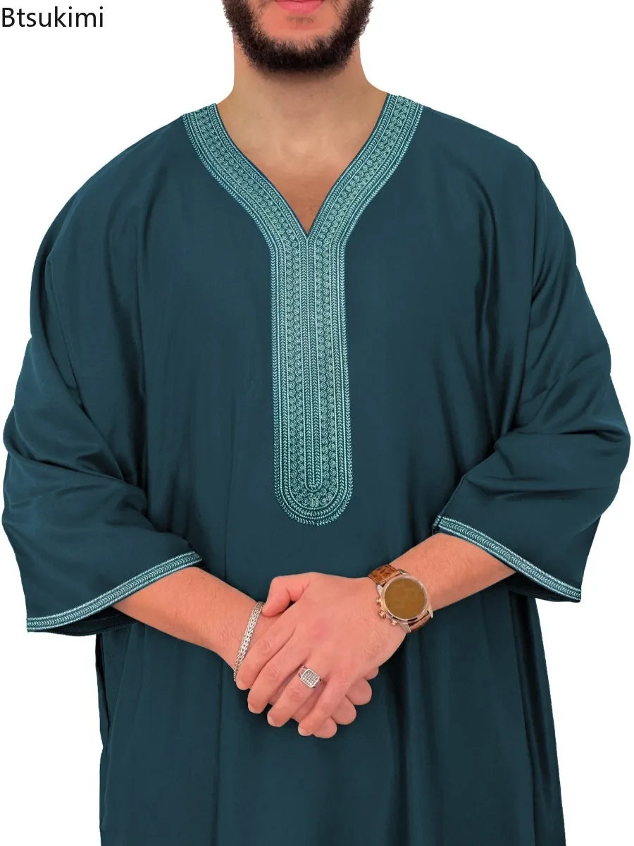 Middle East Kaftan Men's Muslim Fashion Abayas Short Sleeve Casual Robe Breathable Ethnic Style Embroidered Men Moroccan Thobe