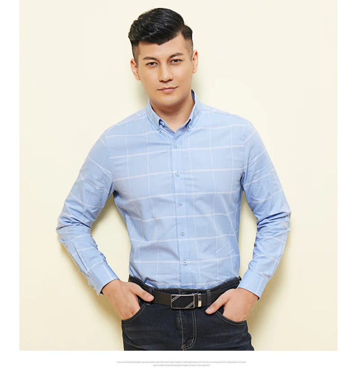New in Shirt 100% Cotton Long-Sleeve Shirts for Men Slim Fit Plain Shirt Thin Plaid Striped Tops Fashion Elegants Office Clothes