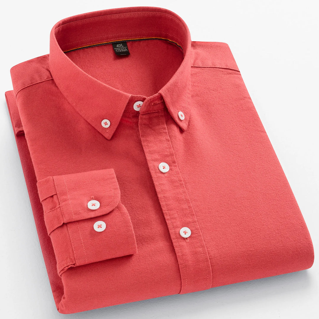 100% Cotton Brushed Long Sleeve Shirts for Men Slim Fit Casual Plain Shirt Solid Color Fashion Korean Popular Tops Red Clothes