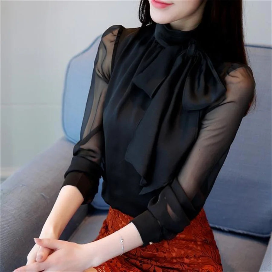 Women’s Summer Tunic Blouse – Long Sleeve Chiffon Tie Bow Shirt
