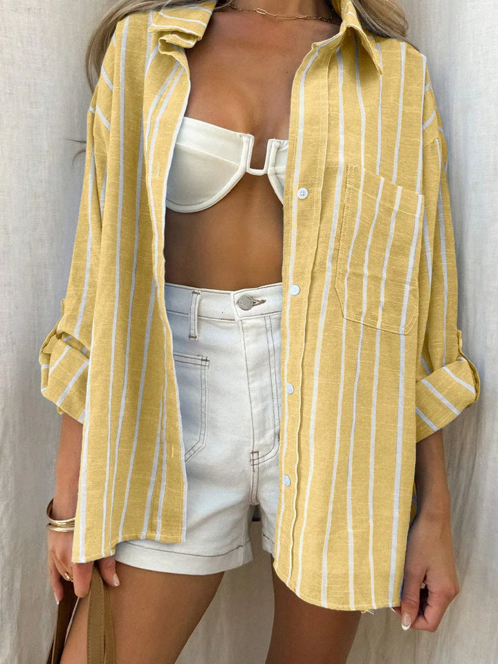 2026 Casual Loose Striped Shirts for Women Spring Summer Fashion Vintage Lapel Long Sleeve Tops Ladies Elegant Versatile Blouses