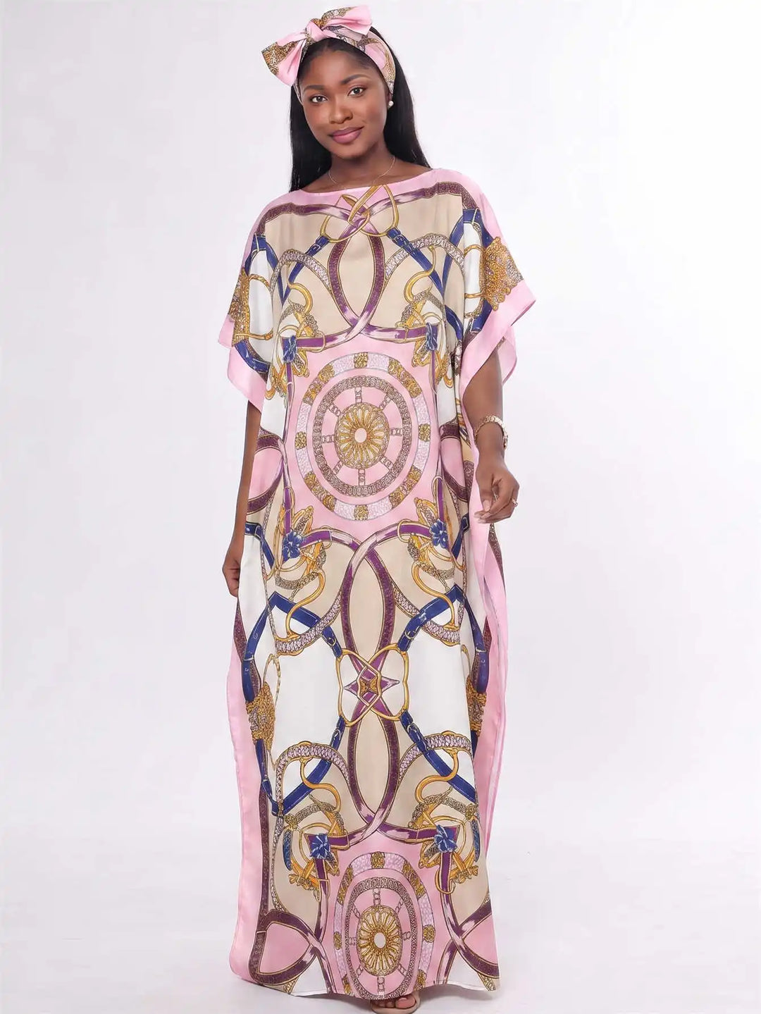 Women Muslim Kaftan Abaya With Matching Hijab Scarf Chain Print Maxi Dress Loose Batwing Sleeve Long Robe Set For Malay