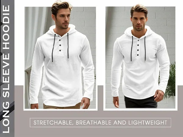 2026 New Men's  T-Shirts Spring Summer Hooded Cotton Linen Tops for Men Soft Loose Henley Shirt Casual Button Long Sleeve Shirts