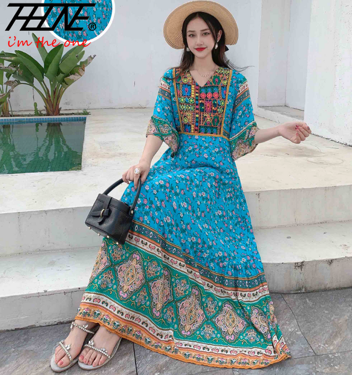 Women’s Indian Summer Dress – Embroidered Elegant Maxi Party & Beach Dress