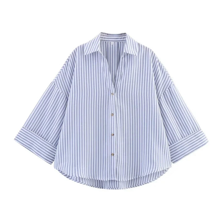 MUJER Striped Women's Shirt White Loose Casual Shirts for Women Summer Button up Shirts and Blouses Woman Wide Sleeve Ladies Top