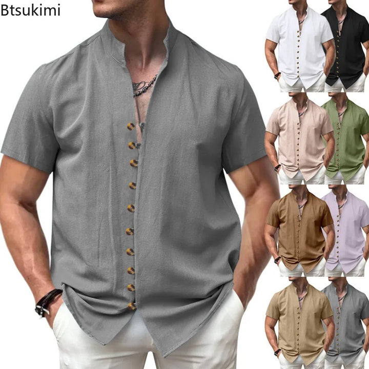 Summer New Short Sleeve Shirts for Men Fashion Solid Casual Linen Tops Breathable Stand Collar Loose Beach Blouses Men Clothing