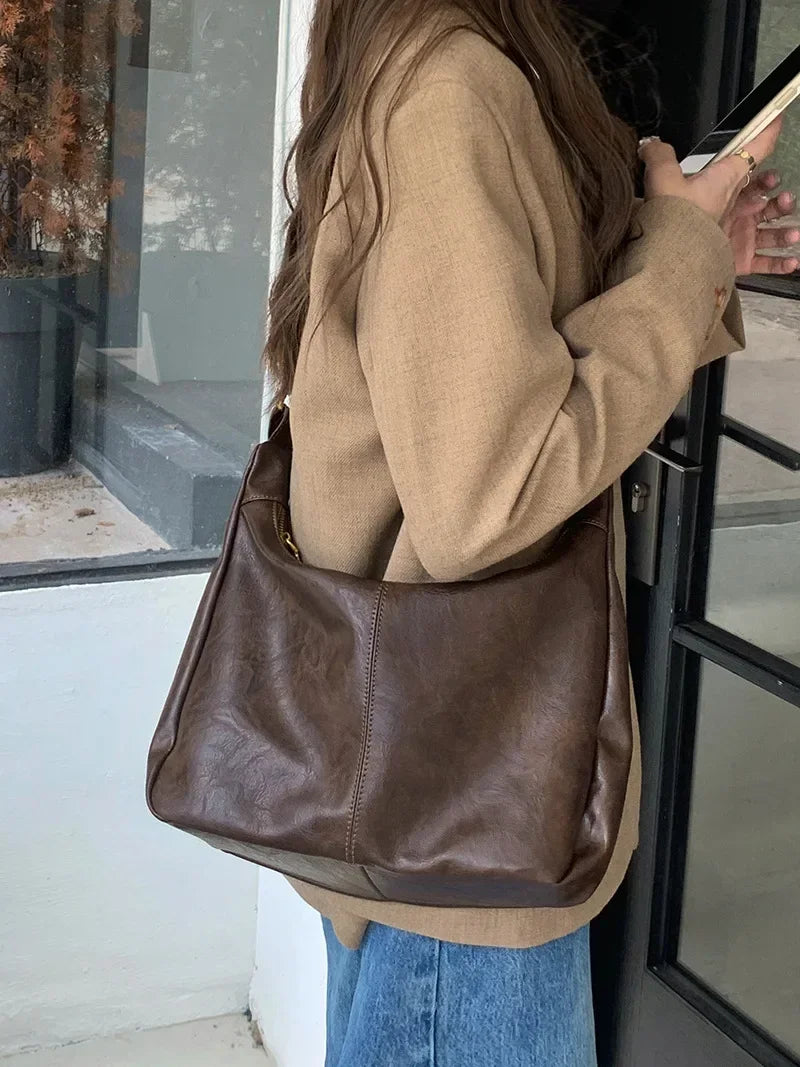 Women’s Soft PU Leather Tote – Foldable Slouchy Crossbody Handbag with Zipper