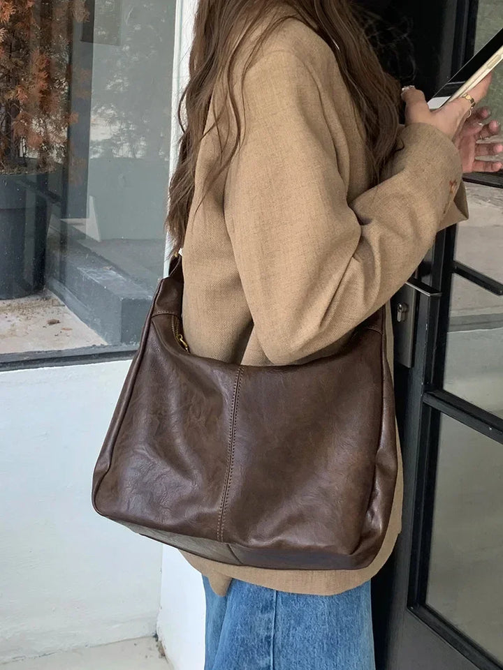 Women’s Soft PU Leather Tote – Foldable Slouchy Crossbody Handbag with Zipper