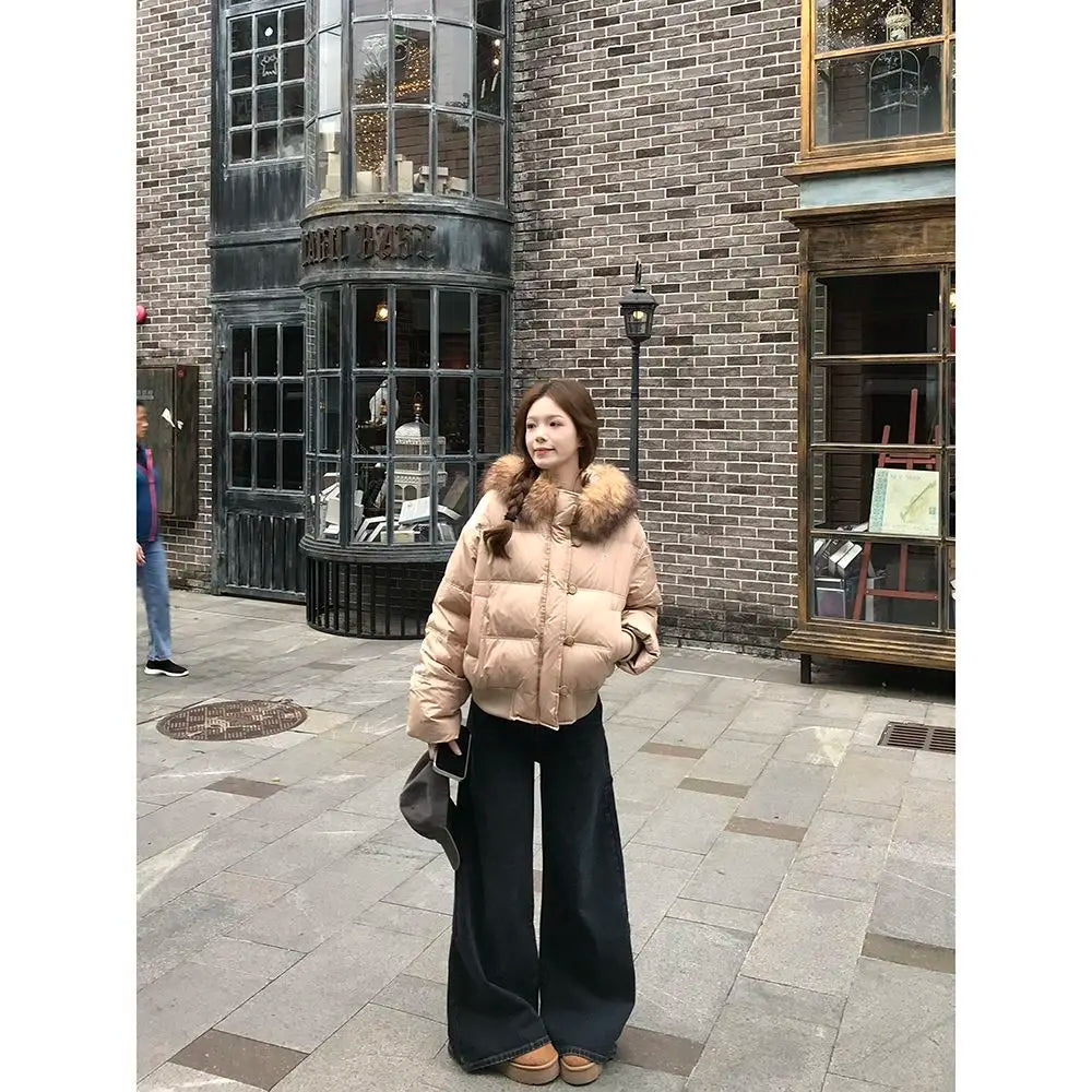 Korean Retro Big Fur Collar Cotton Clothes for Women's Autumn and Winter New Waist Thin Warm Jacket Khaki Bread Clothes