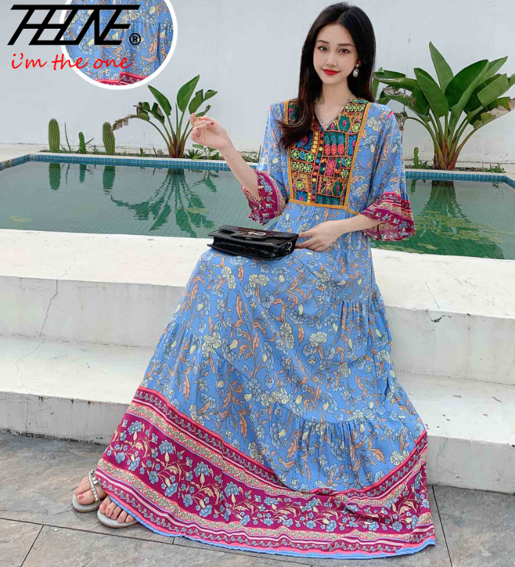 Women’s Indian Summer Dress – Embroidered Elegant Maxi Party & Beach Dress