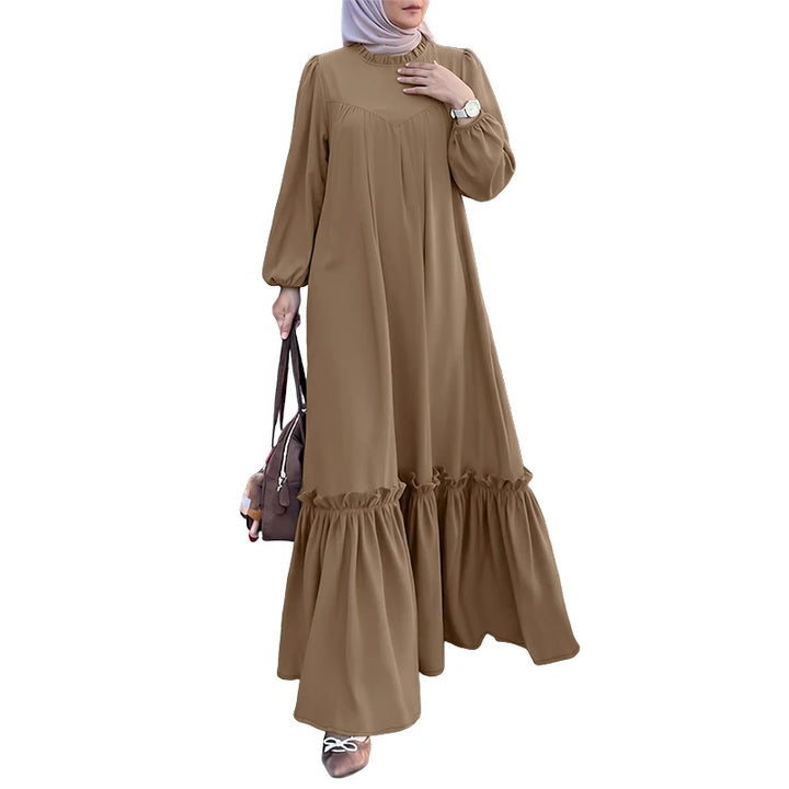 ZANZEA Muslim Modest Fashion Maxi Dress Women's Hijab O-Neck Long Sleeve Ruffled Hem Abaya Robes Islamic Ramadan Eid Kaftan