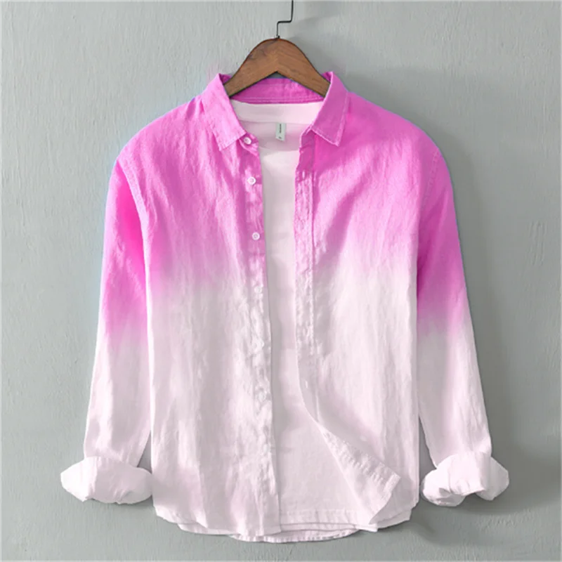 Fashion shirts 100% linen fabric gradient pink blue gray new series of men and women matching colors casual and comfortable