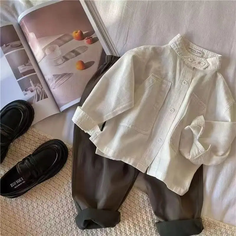 Children's Shirt Spring Autumn New Solid Color Standing Neck Shirt for Boys Girls Top Coat Solid Color Baby Children's Clothing