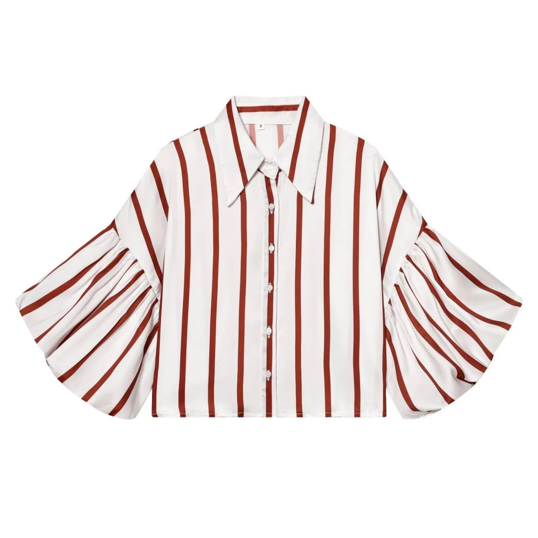 Women Striped Shirts Female Loose-Fit Bubble Sleeve Printed Shirts Lady Casual Youthful Energetic Short Sleeved Tops Clothing