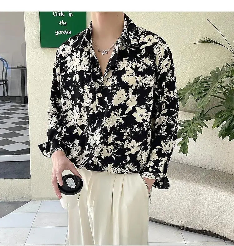 Men's Floral Shirt Men's Style New Long-sleeved Spring Autumn High-end Ice Silk Casual Loose
