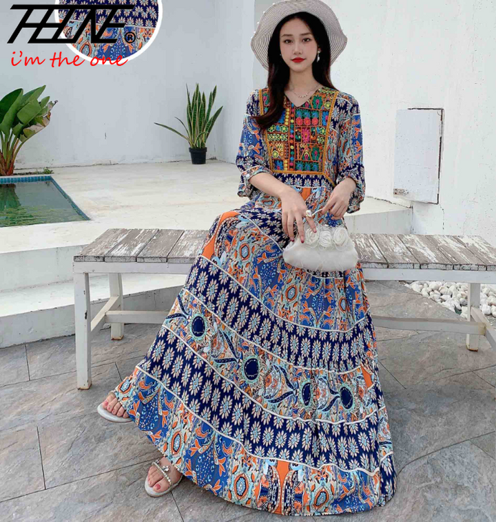 Women’s Indian Summer Dress – Embroidered Elegant Maxi Party & Beach Dress