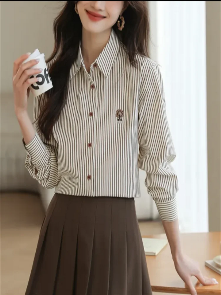 Loose Striped Shirts For Women Embroidered Blouse Spring Autumn Woman Clothes Blous Button Top Fashion Elegant Youth Female Tops