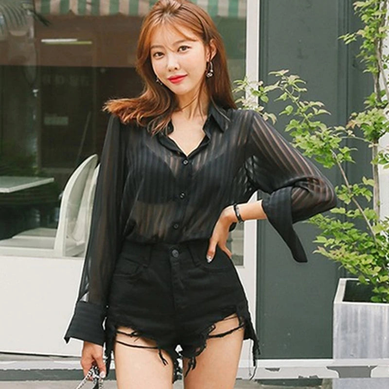 See Through Black Striped Shirts Women  Spring Summer Casual Long Sleeve Y2k Blusas Sexy Ladies White Chiffon Tops and Blouses