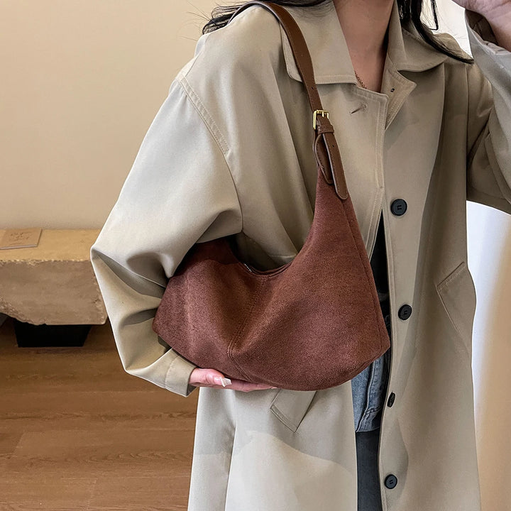 Vintage Women’s Suede Handbag – Designer Crescent Hobo Crossbody Bag