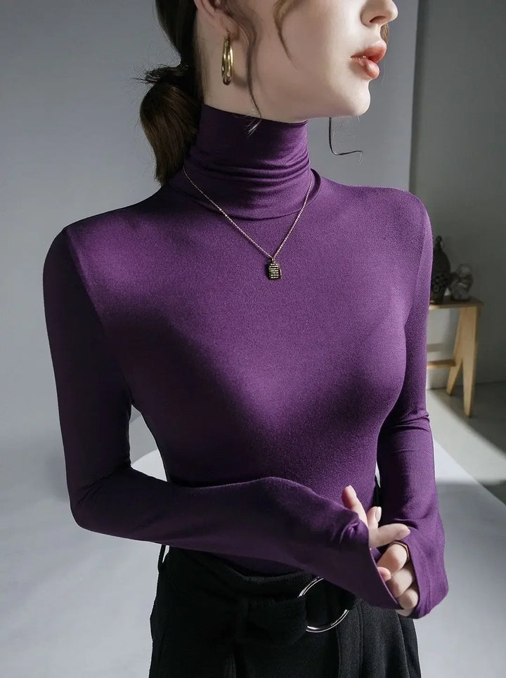 2025 Women’s Turtleneck T-Shirt – Skinny Fit, Black & Purple Grunge Tee