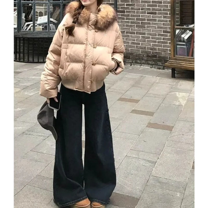 Korean Retro Big Fur Collar Cotton Clothes for Women's Autumn and Winter New Waist Thin Warm Jacket Khaki Bread Clothes