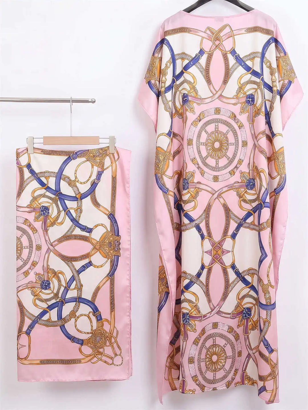 Women Muslim Kaftan Abaya With Matching Hijab Scarf Chain Print Maxi Dress Loose Batwing Sleeve Long Robe Set For Malay