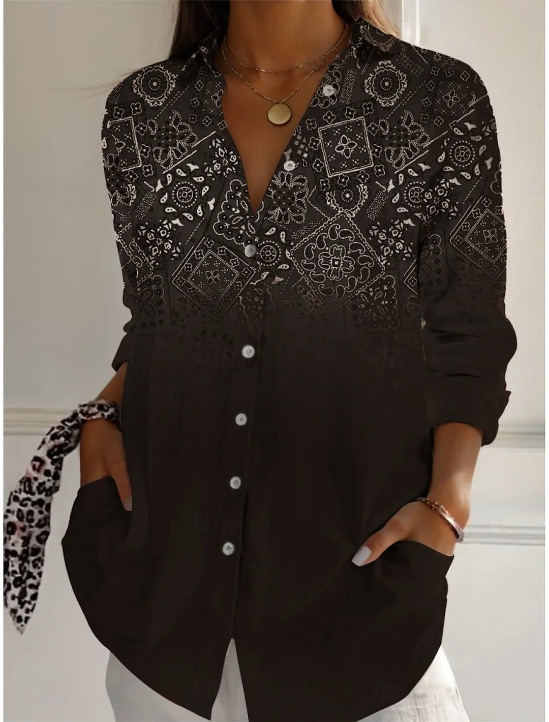 Women's Shirts Geometric Color Block Graphics Blouse Lapel Neck Blouse Women's Long Sleeve Shirts Womens Clothes Female Clothing