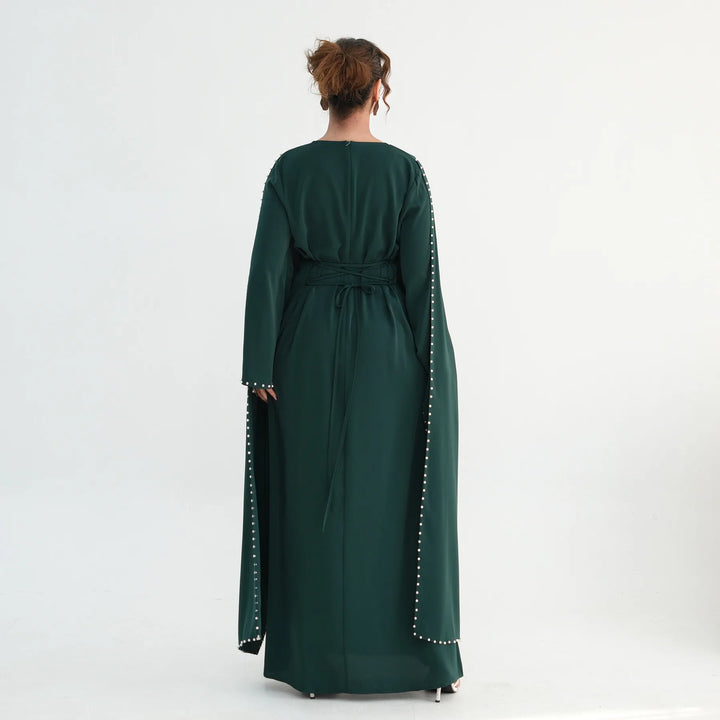 Luxury Dubai Shawl Abaya Elegant Beaded Waist Cinching Kaftan Muslim Women Traditional Dress Maxi Long Sleeve Robe Eid Outfit