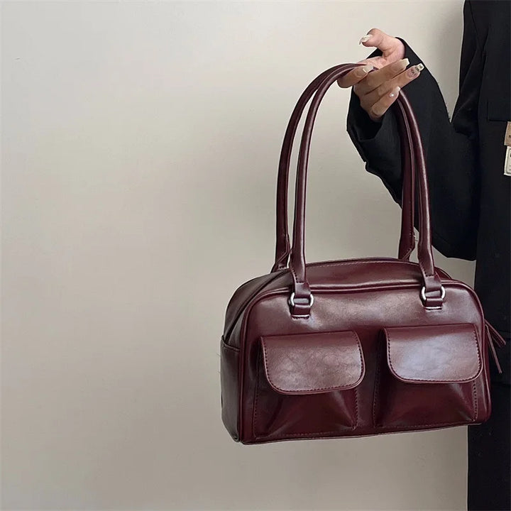 Vintage Women’s PU Leather Shoulder Bag – Large Burgundy Tote & Commute Purse