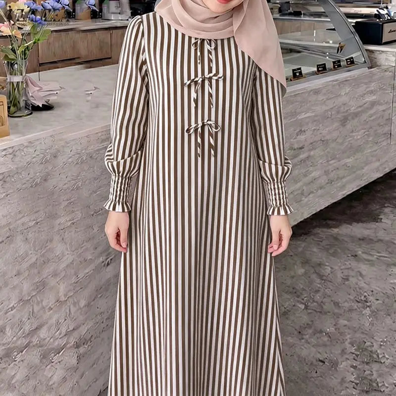 ZANZEA Fashion Muslim Dresses Ramadan Abaya Elegant Women O  Neck Long Sleeve Striped Sundress Casual Kaftan Dubai Robe Femme
