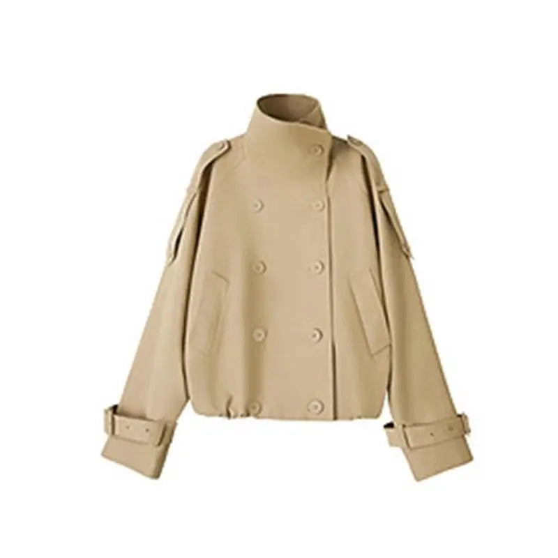 Khaki Standing Collar Short Windbreaker for Women 2025 New High-end Double Breasted Jacket