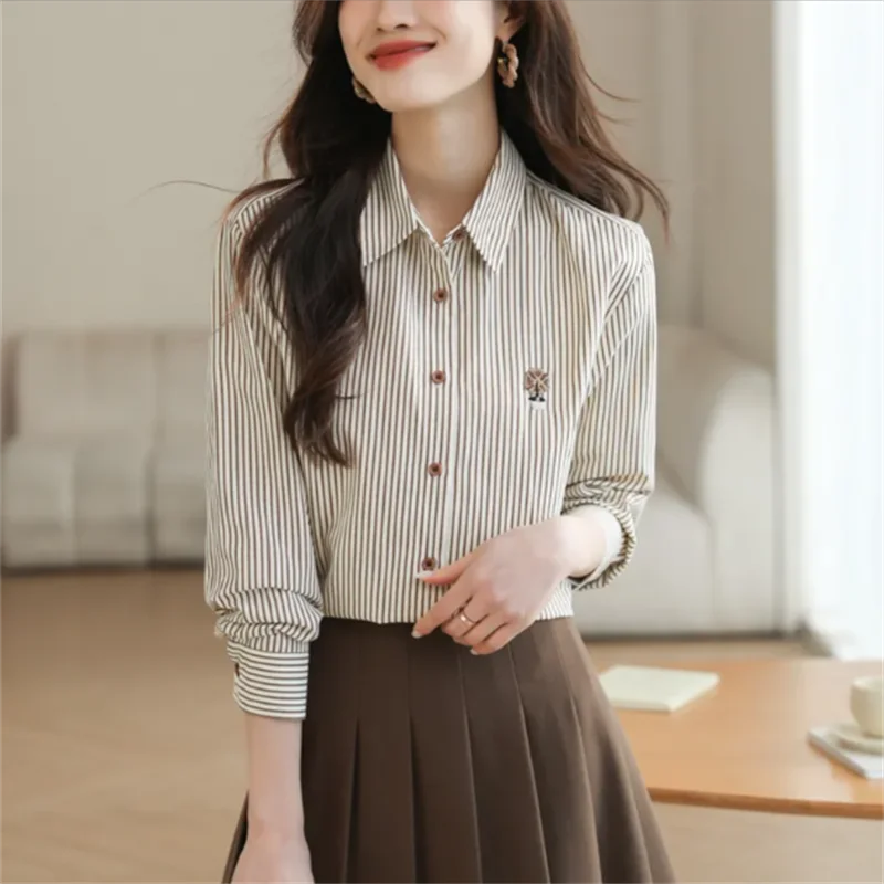 Loose Striped Shirts For Women Embroidered Blouse Spring Autumn Woman Clothes Blous Button Top Fashion Elegant Youth Female Tops