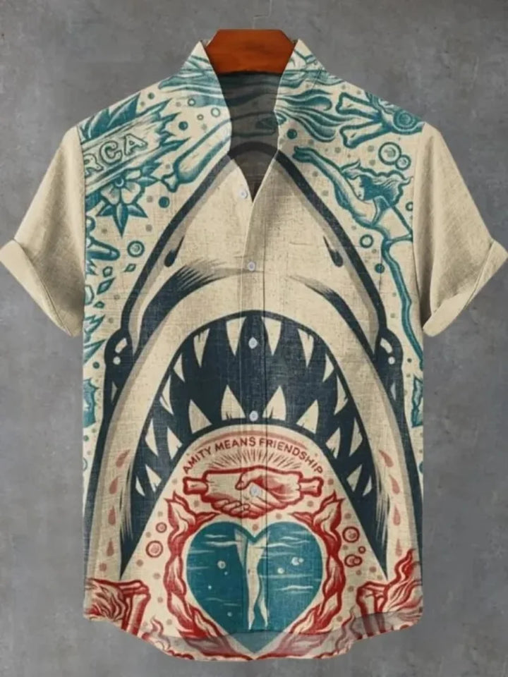 Men's Fashionable Casual Shirt Short-Sleeved 3D Printed Pattern Clothing Shirt Linen