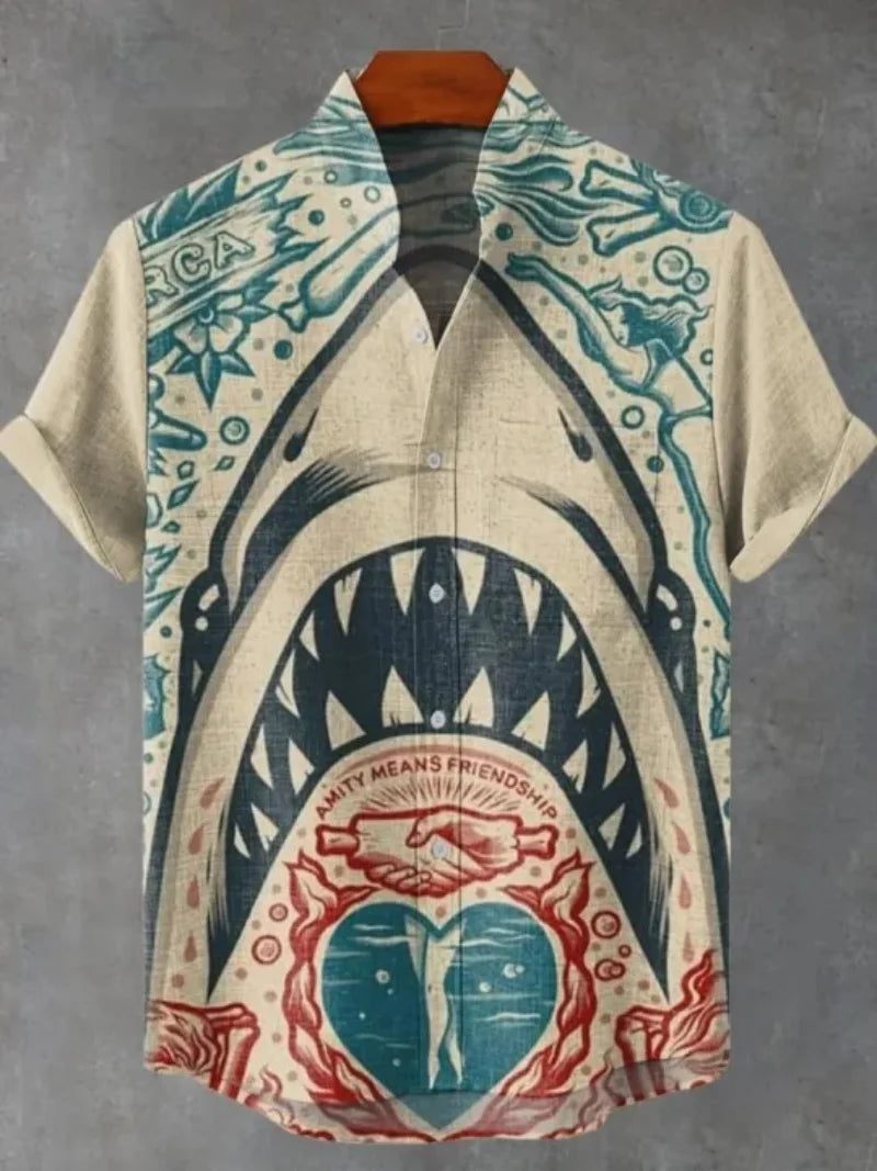 Men's Fashionable Casual Shirt Short-Sleeved 3D Printed Pattern Clothing Shirt Linen