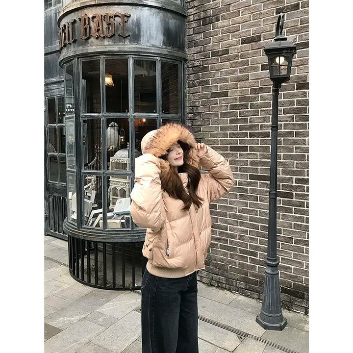 Korean Retro Big Fur Collar Cotton Clothes for Women's Autumn and Winter New Waist Thin Warm Jacket Khaki Bread Clothes