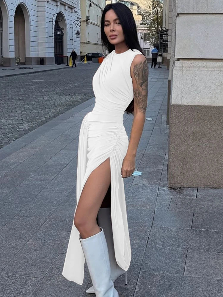 Woman Clothing O-neck Sleeveless Tunics High Slit Long Dress Streetwear Y2K Female High Waist Ruched Solid Holiday Party Dresses