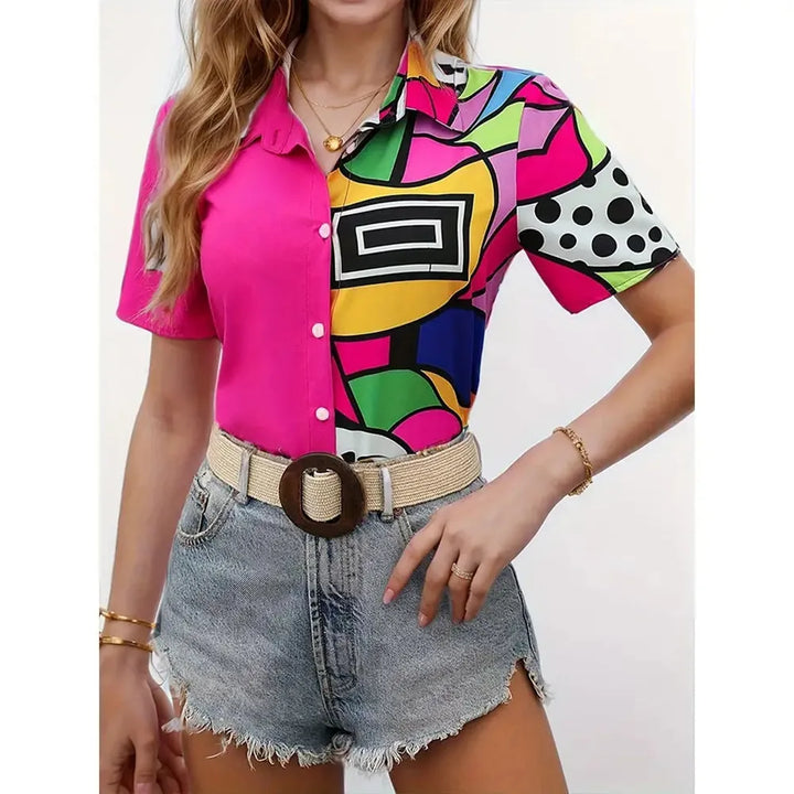 Shirt Fashion Color Matching Printed V-Neck Shirt Ladies Casual Elegant Women Blouse Summer Ladies Hawaiian Vacation Shirts 2025