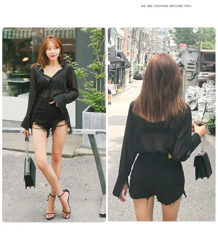 See Through Black Striped Shirts Women  Spring Summer Casual Long Sleeve Y2k Blusas Sexy Ladies White Chiffon Tops and Blouses