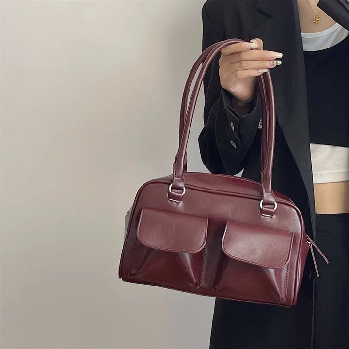 Vintage Women’s PU Leather Shoulder Bag – Large Burgundy Tote & Commute Purse