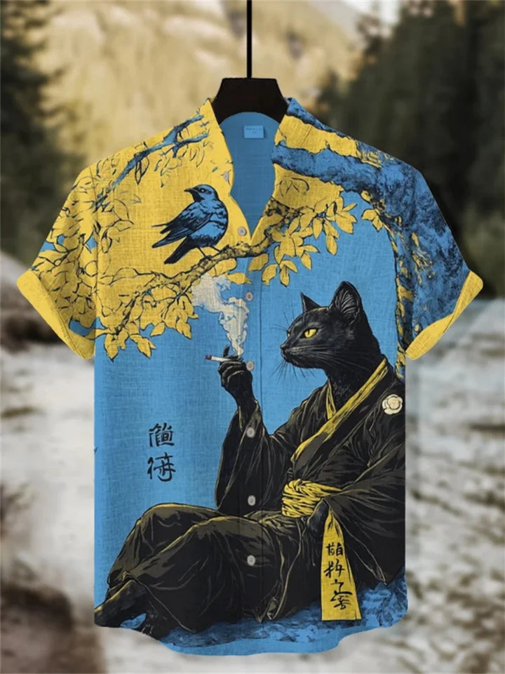 Men's Fashionable Stand-Up Collar Short-Sleeved Button-Up Cardigan Linen Breathable Hawaiian Beach Comfortable Shirt