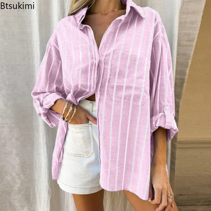 2026 Casual Loose Striped Shirts for Women Spring Summer Fashion Vintage Lapel Long Sleeve Tops Ladies Elegant Versatile Blouses