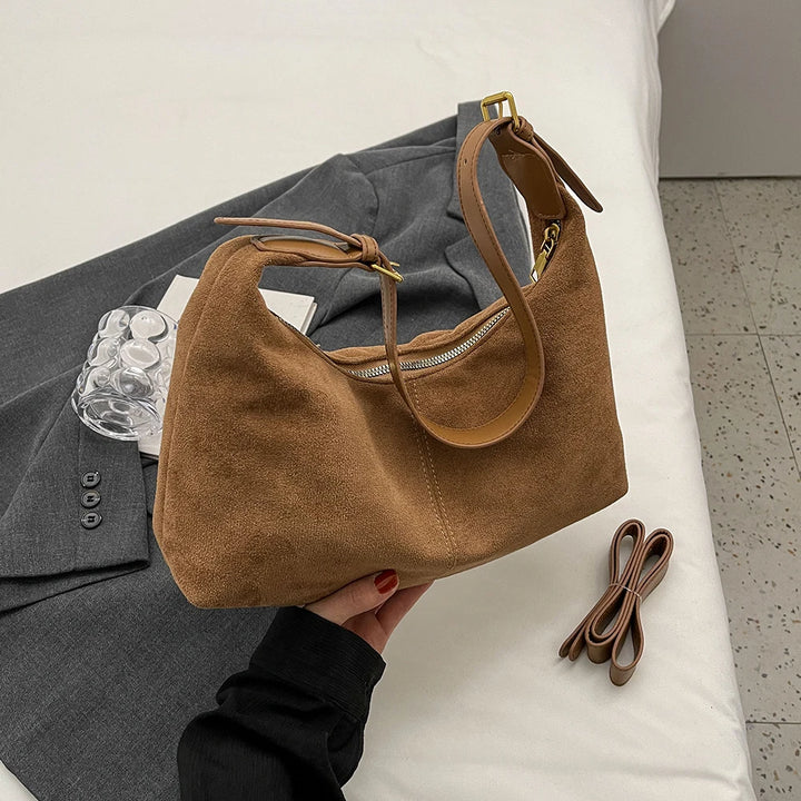 Vintage Women’s Suede Handbag – Designer Crescent Hobo Crossbody Bag