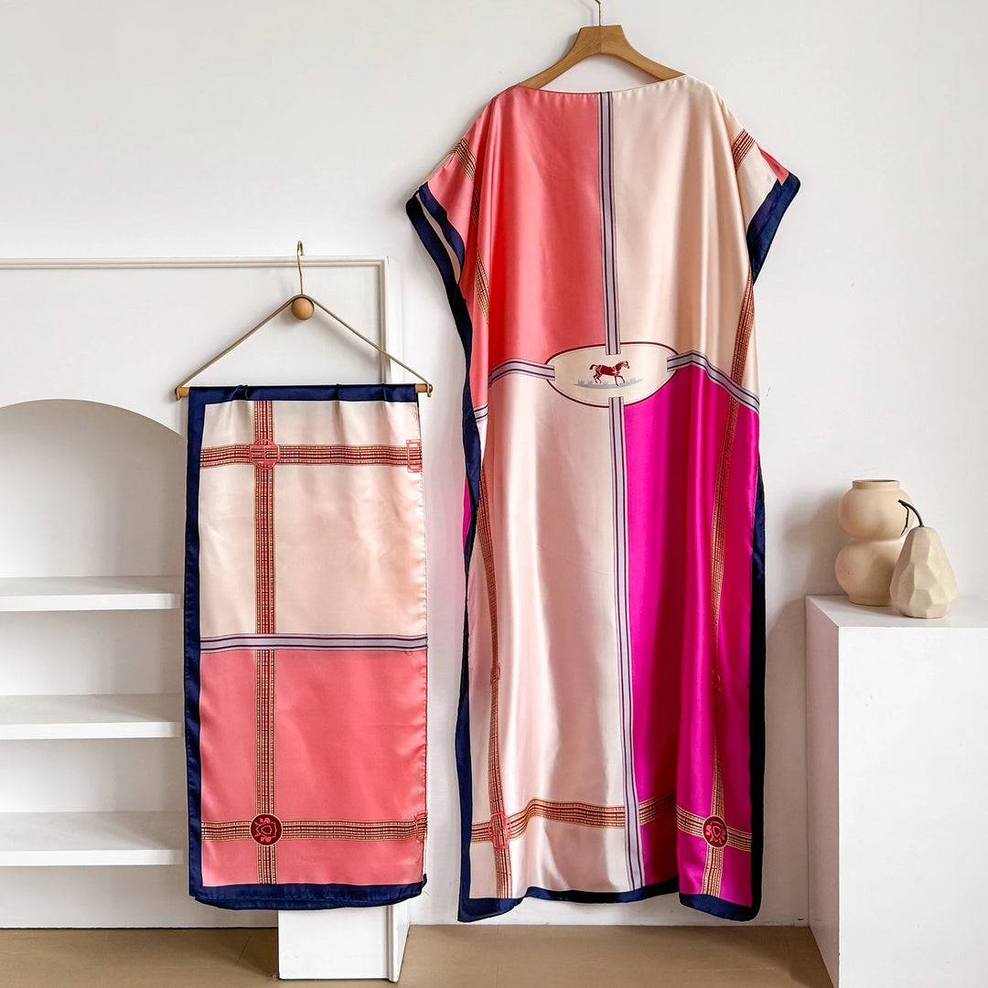 New Summer Fashion Women's Kaftan Dress with Big Scarf Loose Abaya Muslim Casual Print Shawl Robe African Style Dubai Turkey