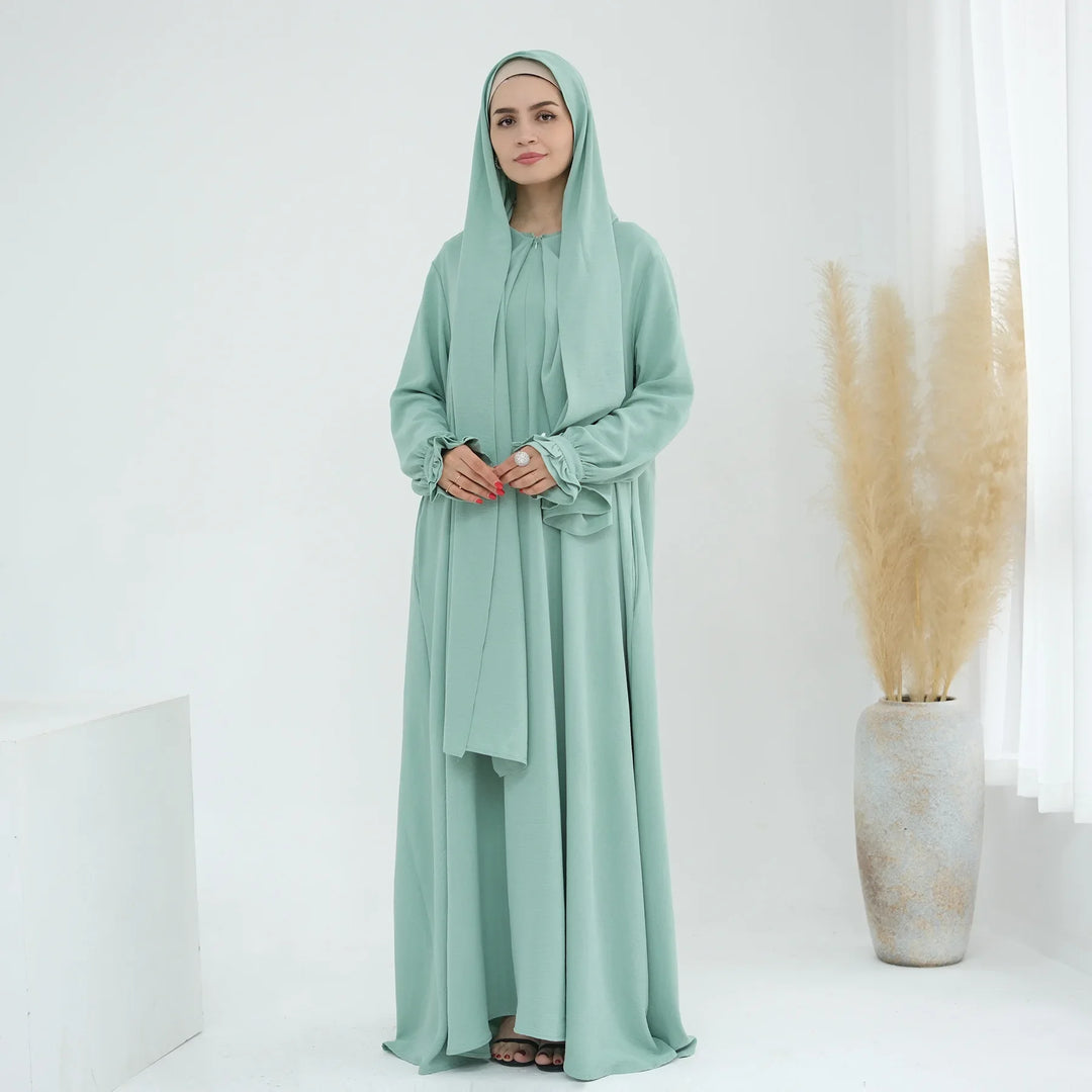 Abaya Dubai with Integrated Hijab Scarf Muslim Dress Women Zipper Front Side Pockets Islamic Clothing Modest Turkish Gown Casual