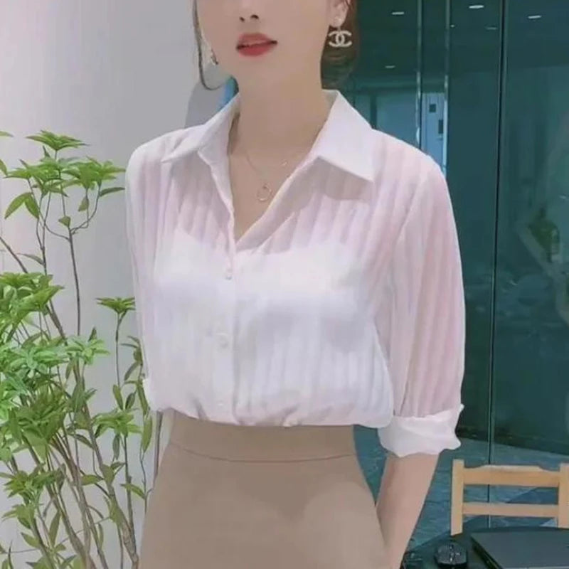 See Through Black Striped Shirts Women  Spring Summer Casual Long Sleeve Y2k Blusas Sexy Ladies White Chiffon Tops and Blouses