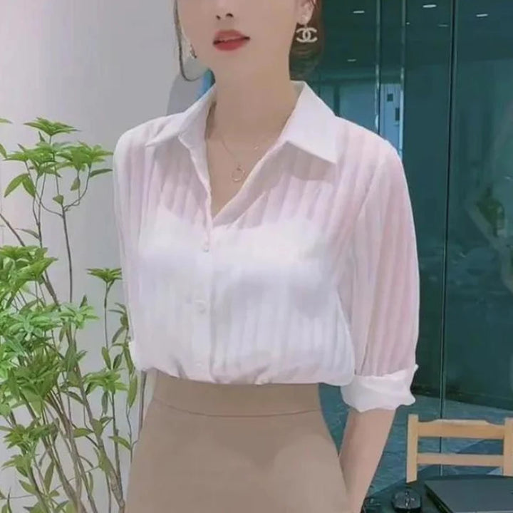See Through Black Striped Shirts Women  Spring Summer Casual Long Sleeve Y2k Blusas Sexy Ladies White Chiffon Tops and Blouses