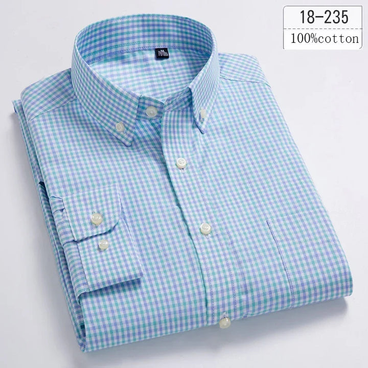 New in Shirt 100% Cotton Long-Sleeve Shirts for Men Slim Fit Plain Shirt Thin Plaid Striped Tops Fashion Elegants Office Clothes