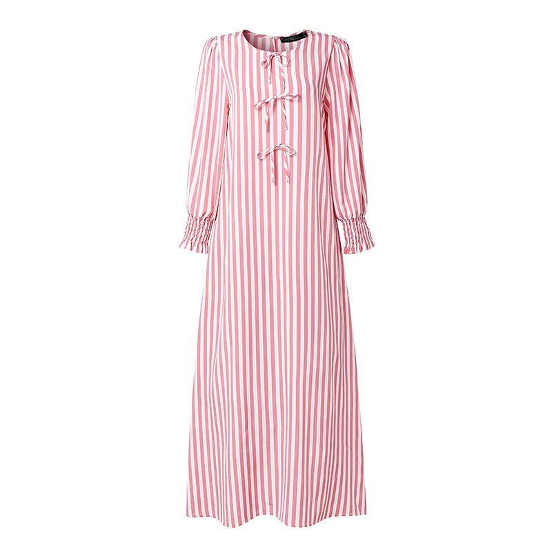 ZANZEA Fashion Muslim Dresses Ramadan Abaya Elegant Women O  Neck Long Sleeve Striped Sundress Casual Kaftan Dubai Robe Femme