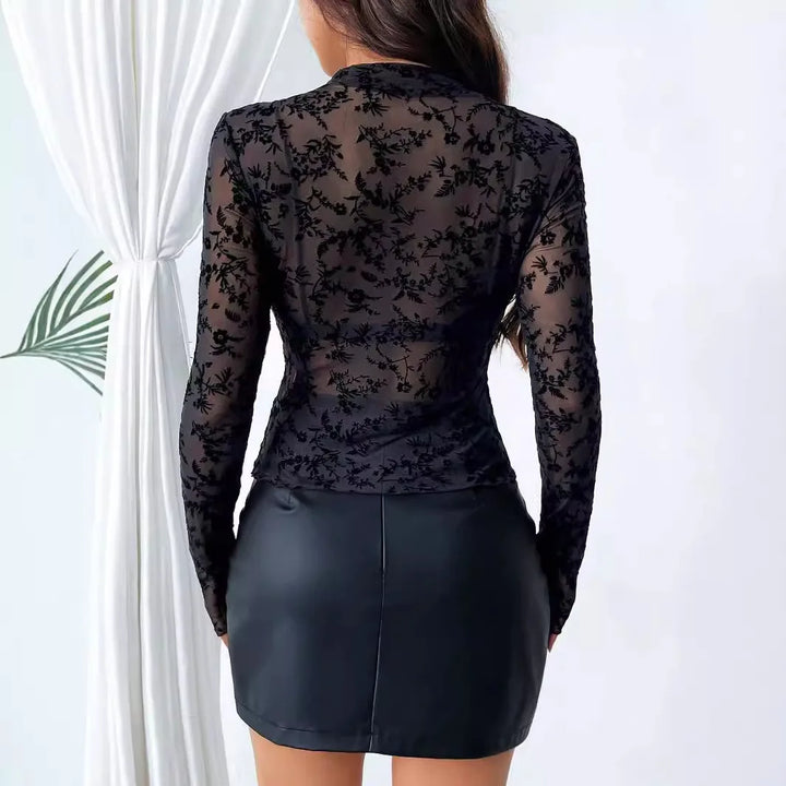 Women’s Sexy Mesh Top – Long Sleeve Floral Sheer Blouse